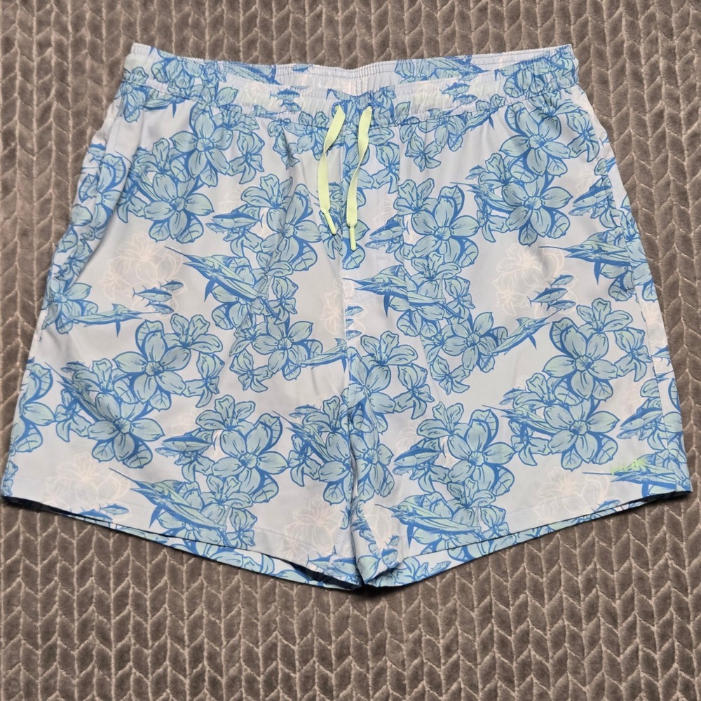 Huk Mens Blue Floral Marlin Print Swim Trunks Board Shorts Large 5.5 Inseam